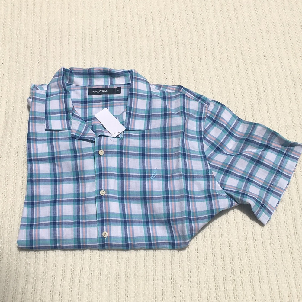 Men’s Short Sleeve Plaid Linen Shirt, NWT